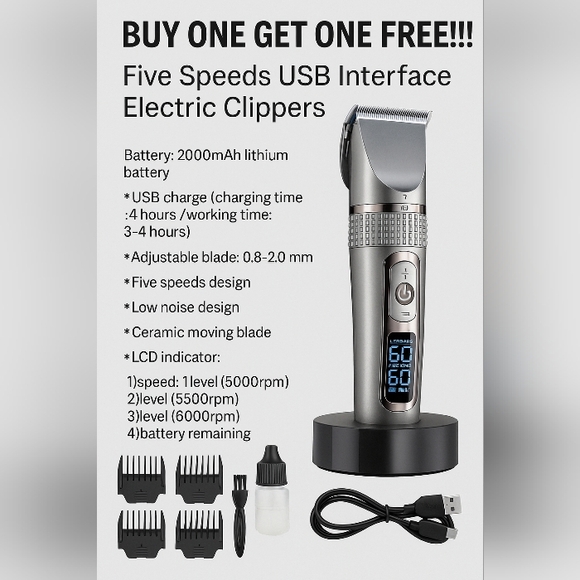 Other - BUY ONE GET ONE FREE!!!!! Five Speeds USB Interface Electric Clippers